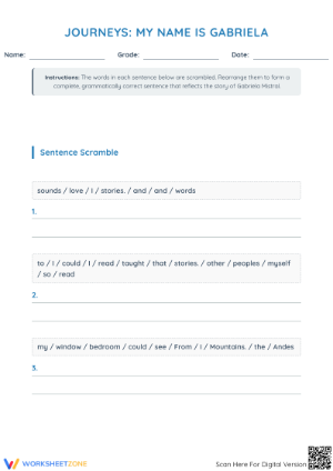 Gabriela's Journey: Sentence Scramble Worksheet - Grade 1-3 ELA