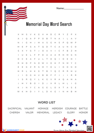 Memorial Day Word Search Puzzle - Grades 3-5 Activity