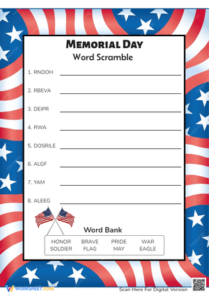 Memorial Day Word Scramble - Patriotic Vocabulary Fun for Kids