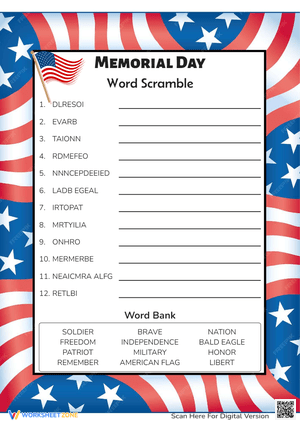 Memorial Day Word Scramble - Grades 3-5 Patriotic Vocabulary Fun