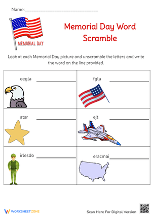 Memorial Day Word Scramble - Unscramble Patriotic Words! Grades 1-3