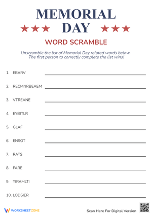 Memorial Day Word Scramble - Grades 2-5 Vocabulary Fun!