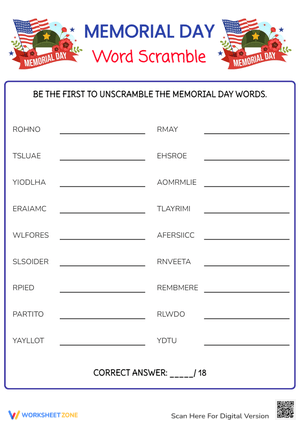 Memorial Day Word Scramble - Unscramble 18 Patriotic Words!