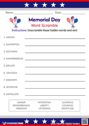 Memorial Day Word Scramble - Unscramble Patriotic Vocabulary!