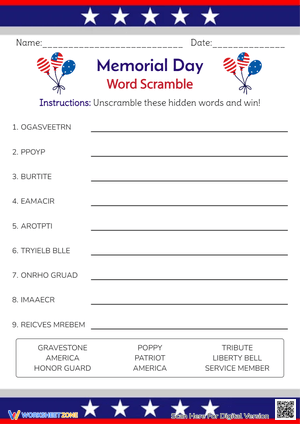 Memorial Day Word Scramble - Patriotic Vocabulary Fun!