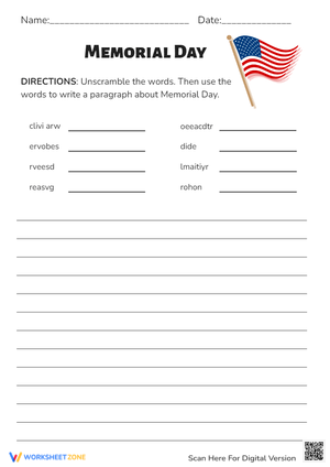 Memorial Day Unscramble & Write - Paragraph Activity (Grades 2-4)