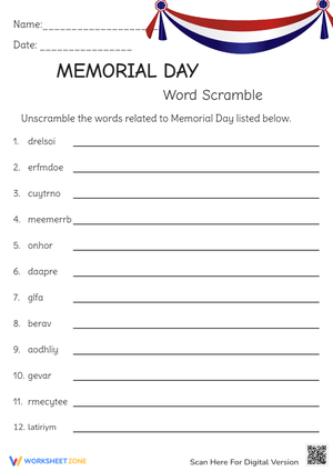 Memorial Day Word Scramble - Unscramble 12 Patriotic Words!