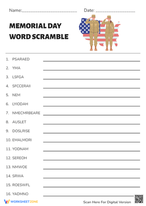 Engaging Memorial Day Word Scramble Worksheet