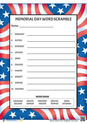 Memorial Day Word Scramble - Patriotic Vocabulary Puzzle Activity