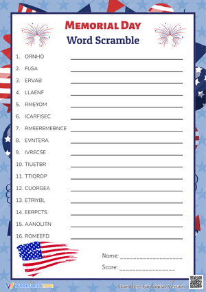 Memorial Day Word Scramble - Patriotic Vocabulary Puzzle Fun!