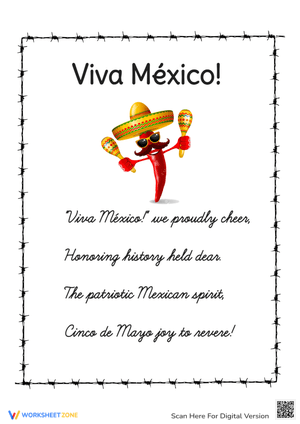 Cinco de Mayo 'Viva México!' Poem Worksheet - Grades 1-5