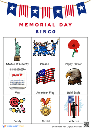 Memorial Day Bingo Game - K-2 Printable Worksheet Activity