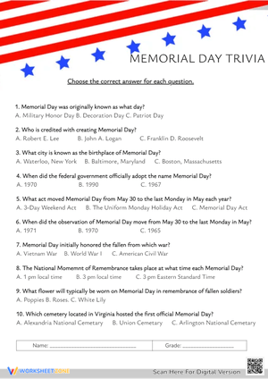 Memorial Day Trivia Worksheet - History & Facts Quiz