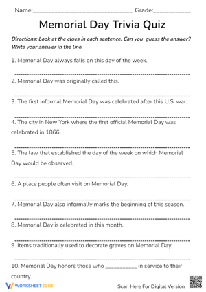 Memorial Day Trivia Quiz - History & Traditions Worksheet (Grades 3-6)