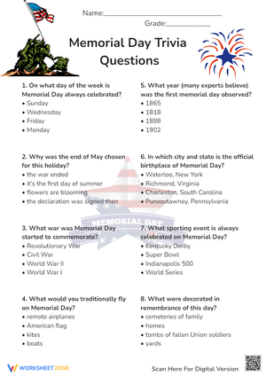 Memorial Day Trivia Questions Worksheet for Learning
