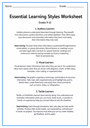Essential Learning Styles Worksheet | Grades 9-12 Ready