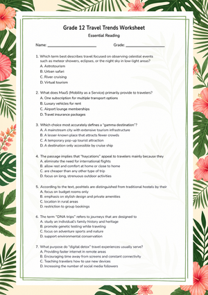 Grade 12 Travel Trends Worksheet | Essential Reading