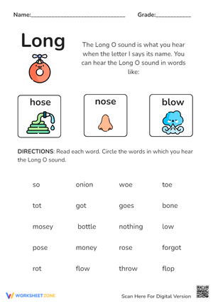 Long O Sound Phonics Worksheet - Circle the Words! (K-1)