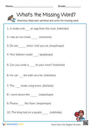 Missing Long O Words Worksheet