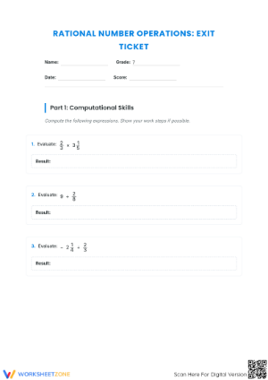 Printable Rational Number Operations Worksheet | Grade 7