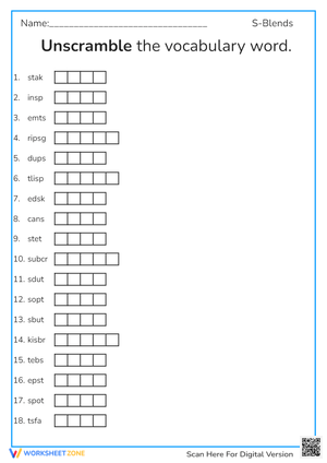 S-Blends Unscramble Worksheet – Build Vocabulary & Phonics Skills