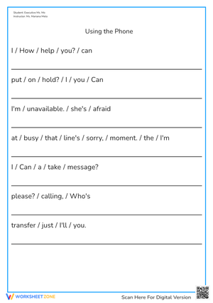 Using the Phone' Skills Worksheet - Telephone Etiquette Practice