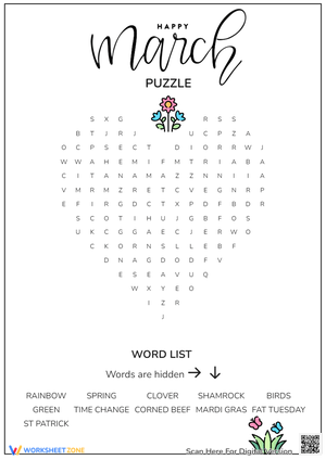 Happy March Word Search Puzzle - Spring & St. Patrick's Day