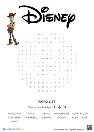 Disney Character Word Search - Find Alice, Elsa & More!