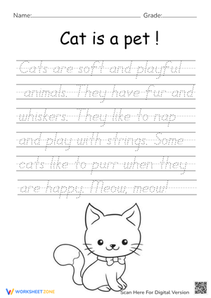 Cursive Writing Worksheet: Cat is a pet!