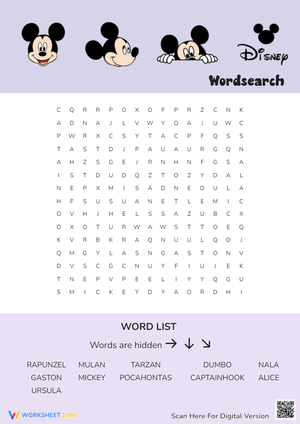 Disney Characters Word Search - Fun Puzzle for Kids!