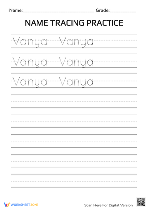 Handwriting Practice: Vanya Name Tracing