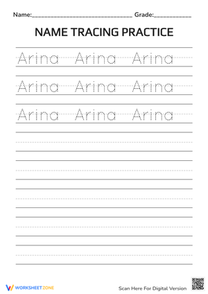 Arina Name Tracing Printable Worksheet | K-1