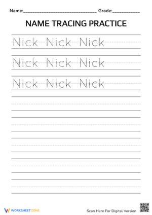 Name Tracing Practice for 'Nick'