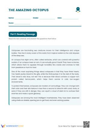 Printable Octopus Reading Comprehension | Grade 4 ELA