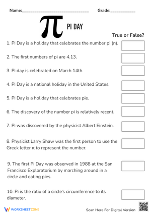 Pi Day True or False Quiz - Fun Math Worksheet for Grades 4-8