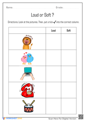 Loud or Soft Sounds Sorting Worksheet