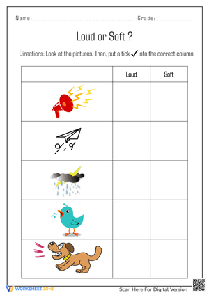 Loud or Soft Sound Classification Worksheet for Kids