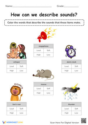 Loud or Soft? Sound Descriptors Worksheet for K-2 Kids