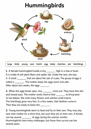 Grade 3 Hummingbird Life Cycle — Printable No-Prep Worksheet
