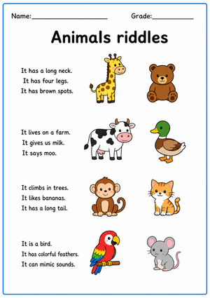 Grade K Animal Riddles — Printable No-Prep Worksheet