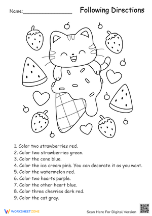 Cat & Ice Cream: Following Directions Coloring Worksheet