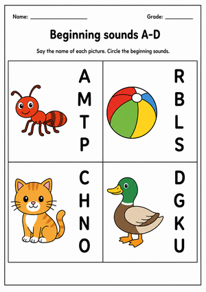 Beginning Sounds A-D Printable | Grade K Phonics