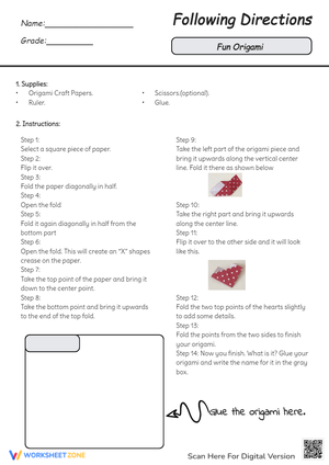 Origami Following Directions Worksheet