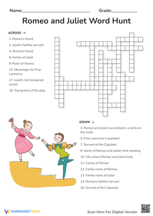 Romeo and Juliet Crossword - Shakespeare Play Vocabulary Fun