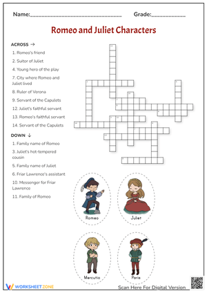 Romeo & Juliet Character Crossword - Shakespeare Worksheet