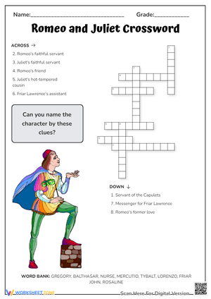 Romeo and Juliet Character Crossword - Shakespeare Activity