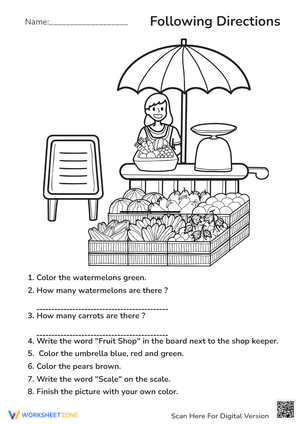 Fruit & Veggie Stand: Following Directions Worksheet - Color & Count