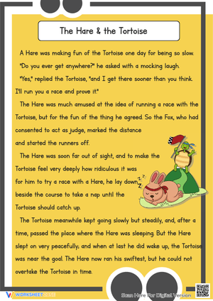 Hare & Tortoise Story: Reading Comprehension Worksheet (Grades 1-3)