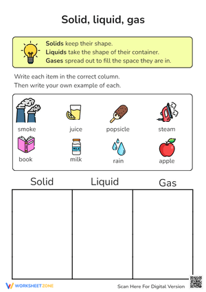 Solid, Liquid, Gas Sort - States of Matter Science Worksheet