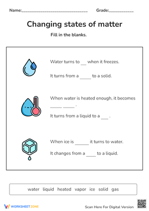 States of Matter: Fill-in-Blanks - Water, Ice, Vapor Worksheet